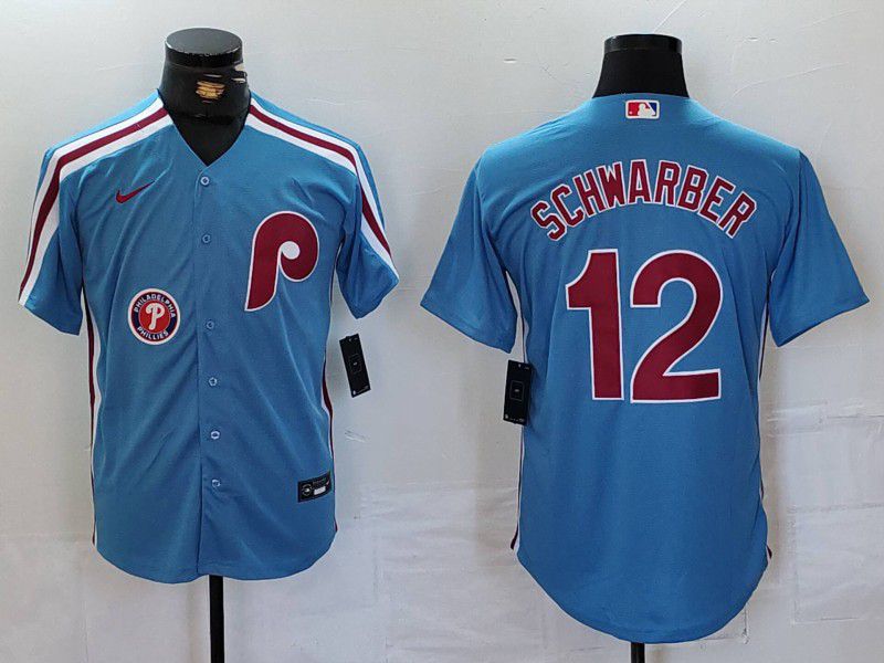 Men Philadelphia Phillies #12 Schwarber Blue Throwback 2024 Nike MLB Jersey style 3